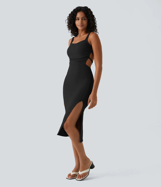 Femora Ruched Backless Crisscross Lace Up Split Bodycon Midi Casual Dress