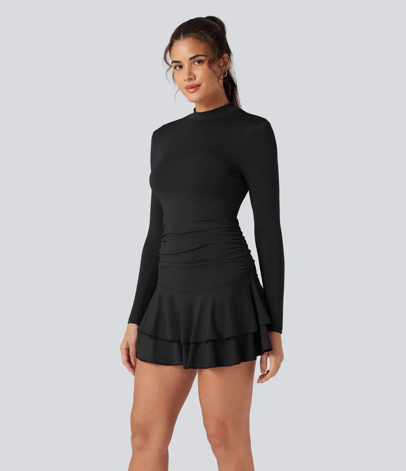Femora Mock-neck Long Sleeve Ruched Ruffle Tiered Hem Mini Casual Dress