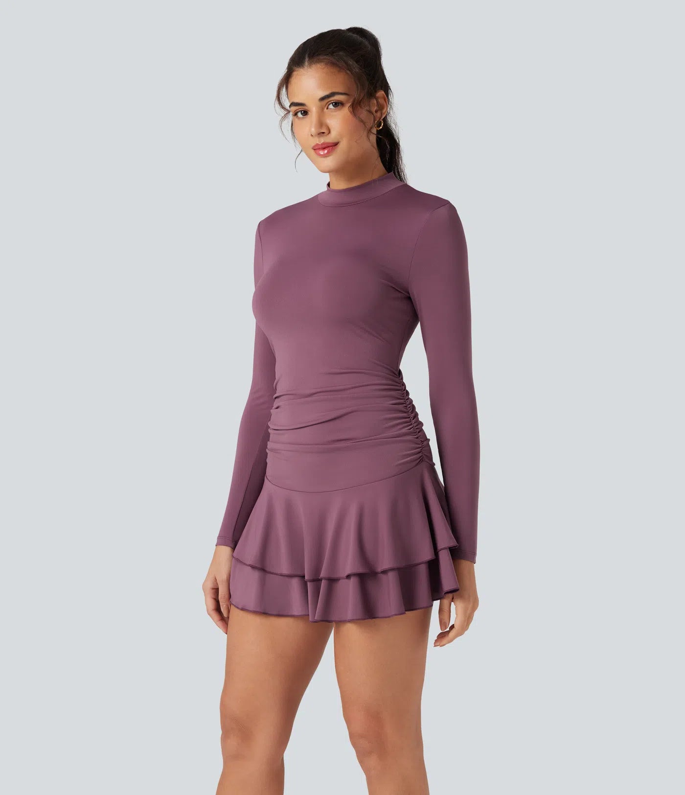 Femora Mock-neck Long Sleeve Ruched Ruffle Tiered Hem Mini Casual Dress