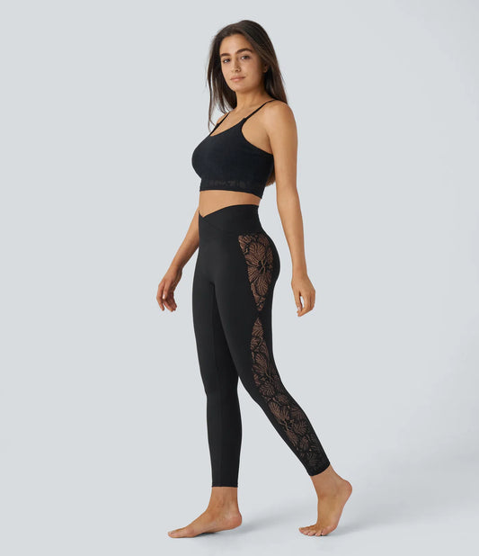 Woman wearing FEMORA crossover lace yoga leggings
