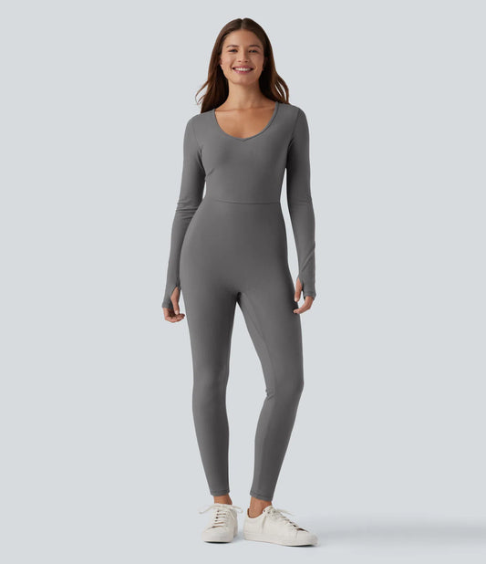Femora V-neck Long Sleeve Thumb Holes Skinny Casual Warming Jumpsuit-Easy Peezy