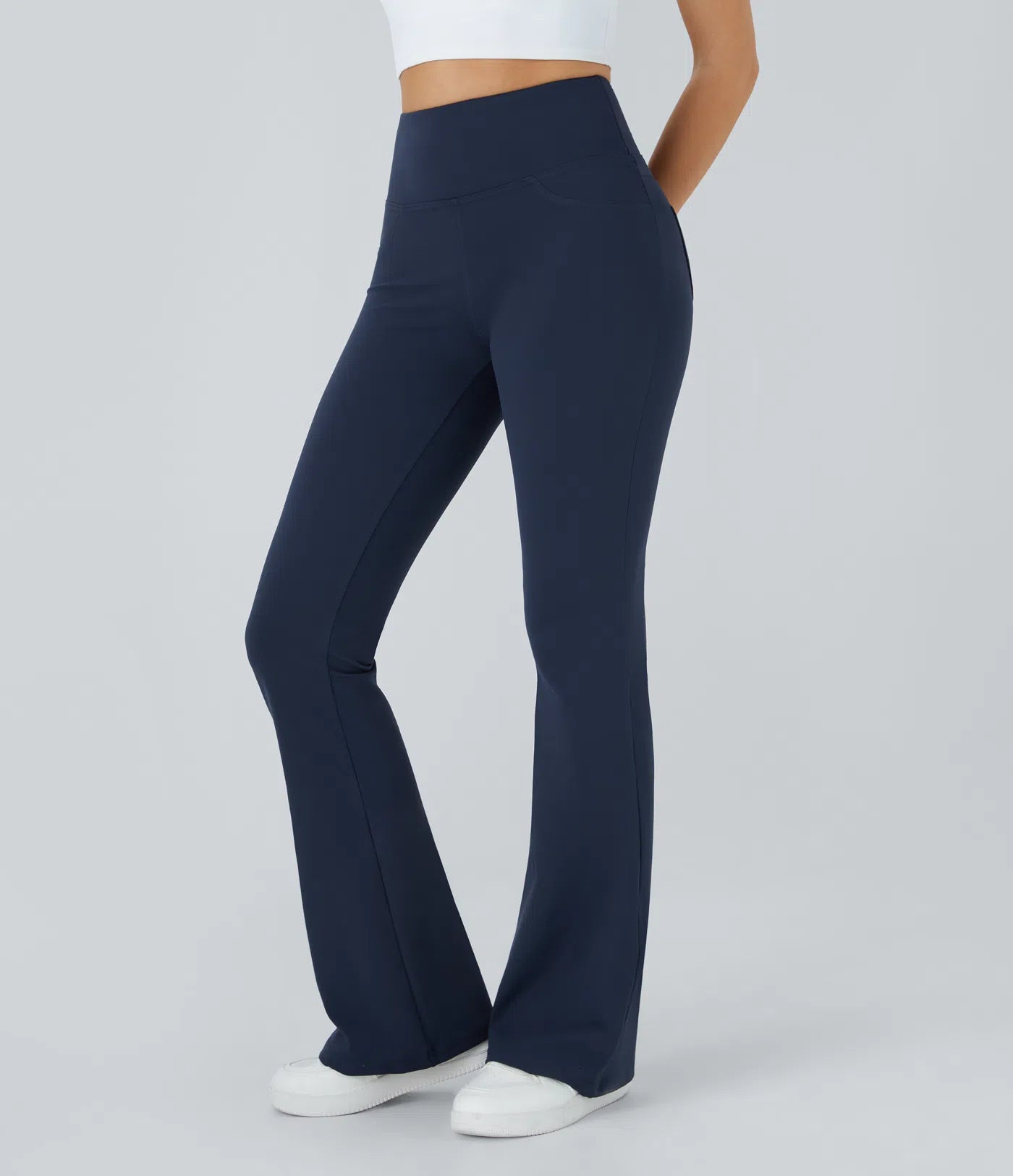 Side view of FEMORA high waisted flare yoga pants
