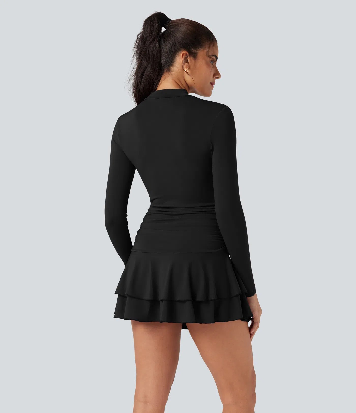 Femora Mock-neck Long Sleeve Ruched Ruffle Tiered Hem Mini Casual Dress