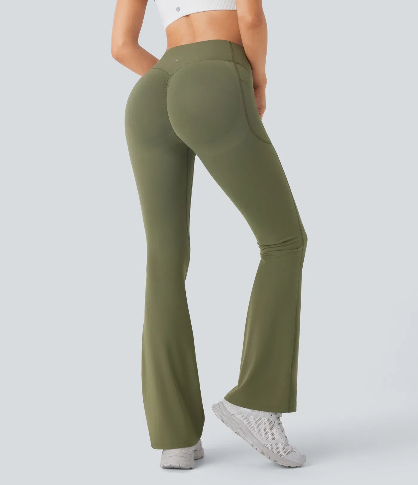 Back view of FEMORA scrunch butt lifting bootcut yoga leggings
